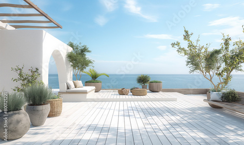 A bright and airy beachside rooftop terrace with white wooden flooring, overlooking the ocean under clear blue skies