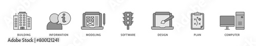 BIM icons set collection illustration of building, information, modeling, software, design, plan, and computer icon live stroke and easy to edit 