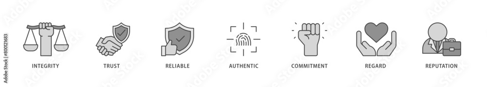 Credibility icons set collection illustration of integrity, trust, reliable, authentic, commitment, regard, and reputation icon live stroke and easy to edit Credibility icons set collection illustration of integrity, trust, reliable, authentic, commitment, regard, and reputation icon live stroke and easy to edit
