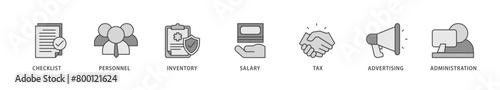 Cost reduction icons set collection illustration of checklist, personnel, inventory, salary, tax, advertising and administration icon live stroke and easy to edit 