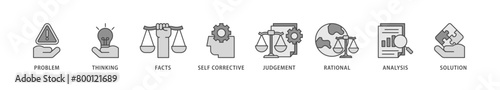 Critical thinking icons set collection illustration of solution, analysis, self corrective, rational, judgement, facts, thinking, problem icon live stroke and easy to edit 