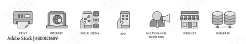 Cross media icons set collection illustration of print, internet, social media, app, multichannel marketing, webshop and database icon live stroke and easy to edit 