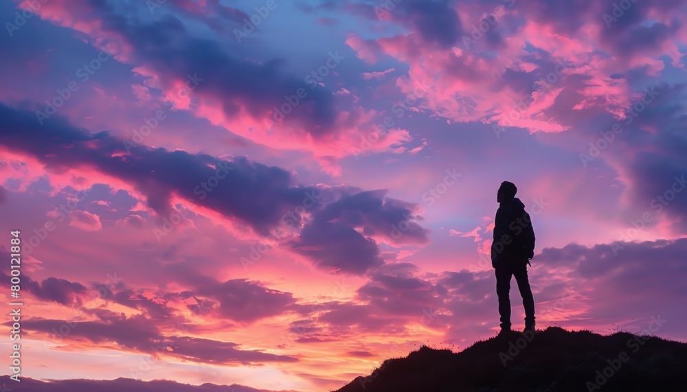 The photo shows a man standing on a mountaintop, looking out at a beautiful sunset The photo shows a man standing on a mountaintop, looking out at a beautiful sunset