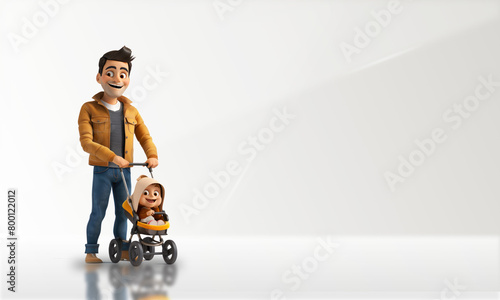 3d cartoon father with a stroller,copy space background
