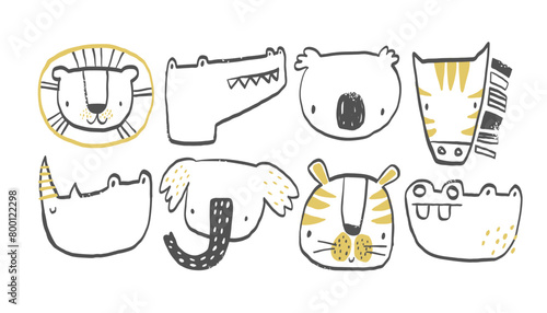 Vector set clipart collection with African, tropical animals. Crocodile, koala, zebra, rhinoceros, elephant, tiger, hippo, lion. Cute animals for children on white background. Hand-drawn illustration.