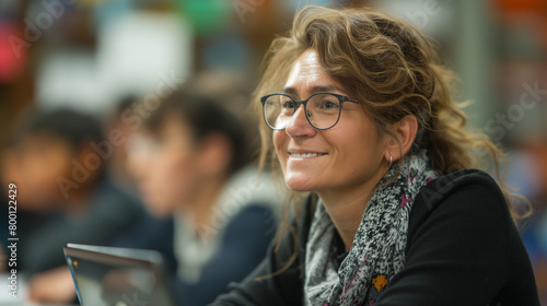 High school professor assists her students in e-learning on laptop in classroom.