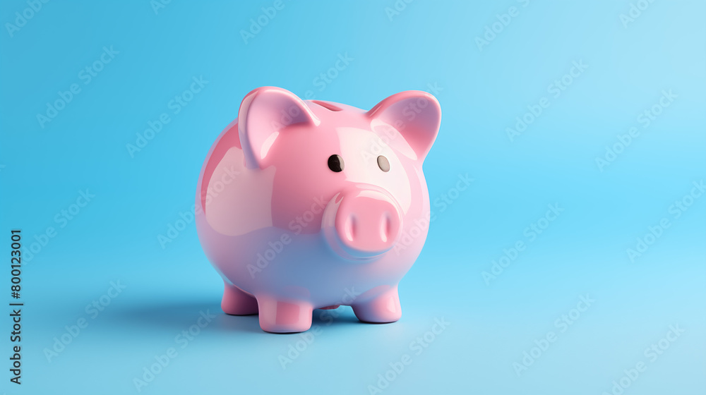 Pink pig piggy bank, isolated on a blue background 