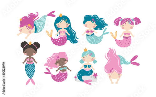 Vector set with cute little mermaids. Hand drawn illustration with girls mermaids on white background. Princesses. Ocean. Sea. Underwater. Isolated on white. Baby girl. Pink.