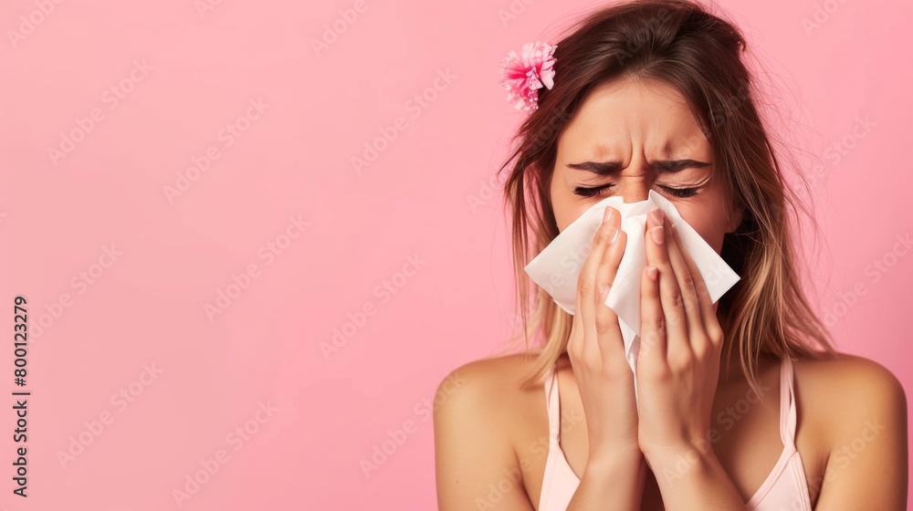 A person sneeze with tissue due to allergy reaction A person sneeze with tissue due to allergy reaction