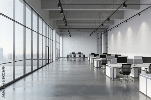 A modern open space office with desks and computers, white interior design, grey concrete floor, panoramic windows overlooking the city, high ceiling, black accents