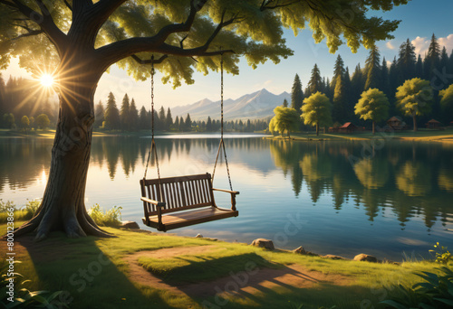 Wood swing under tree