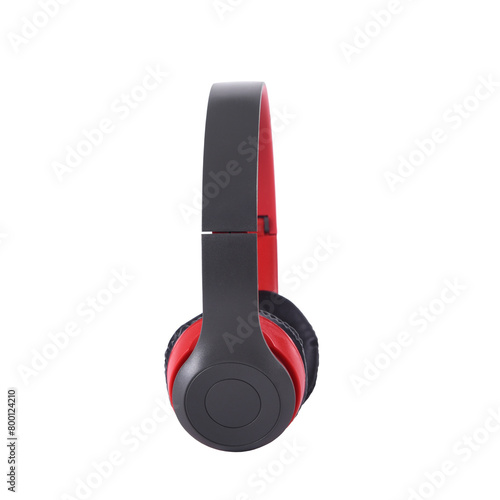 Wireless surround headphones in gray, red, and black colors on a white background