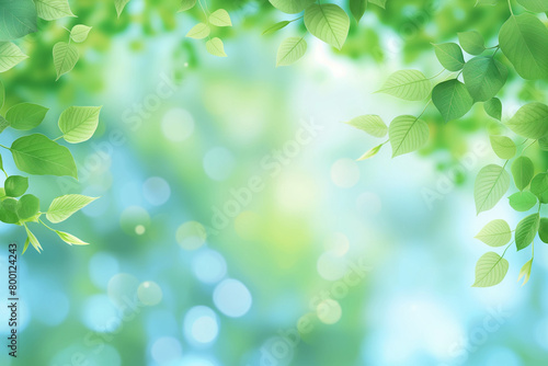 Spring background with blurred green leaves and bokeh light effect  representing a spring nature concept