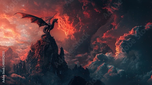 Fantasy Fusion' around a dragon perched atop a mountain, a style mixing reality and fantasy, in dreamy flame red and mysterious coal black