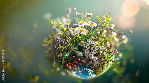 Capturing the ethereal beauty of a world abundant with diverse flora, this high-definition photograph showcases a stunning small planet adorned with a myriad of plant life. #800124258