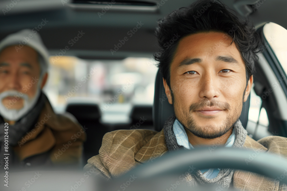 Two Asian men inside a car.