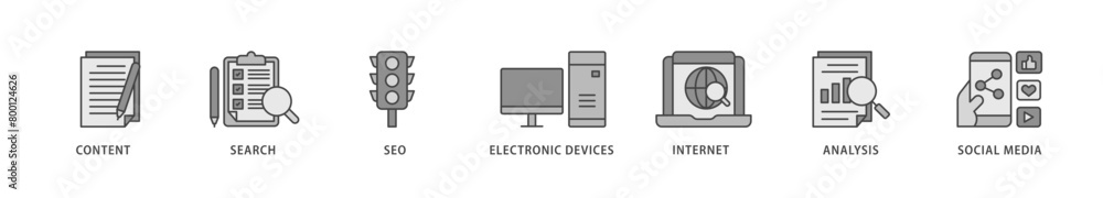 Digital marketing icons set collection illustration of content, search, seo, electronic devices, internet, analysis and social media icon live stroke and easy to edit Digital marketing icons set collection illustration of content, search, seo, electronic devices, internet, analysis and social media icon live stroke and easy to edit