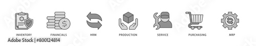 ERP icons set collection illustration of inventory, financials, hrm, production, service, purchasing, and mrp icon live stroke and easy to edit 