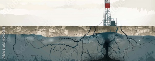 Illustration of a fracking site demonstrating the subsurface extraction process photo