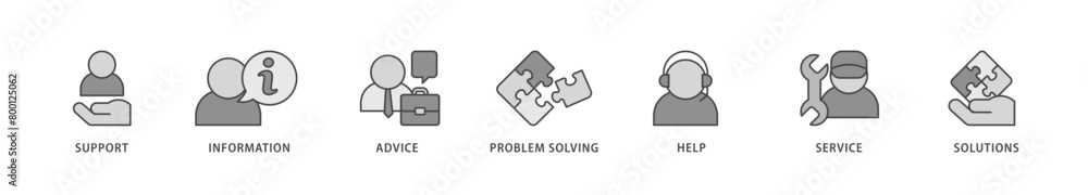 Help desk icons set collection illustration of support, information, advice, problem solving, help, service and solutions icon live stroke and easy to edit 