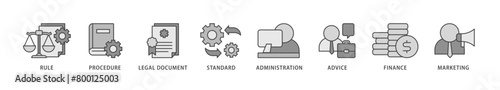 Guideline icons set collection illustration of rule, procedure, legal document, standard, administration, advice, finance, marketing icon live stroke and easy to edit 