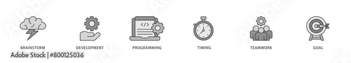 Hackathon icons set collection illustration of brainstorm, development, programming, timing, speed, teamwork, and goal icon live stroke and easy to edit 