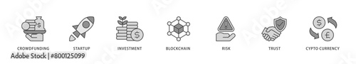 ICO icons set collection illustration of crowdfunding, startup, investment, blockchain, risk, trust and cypto currency icon live stroke and easy to edit 