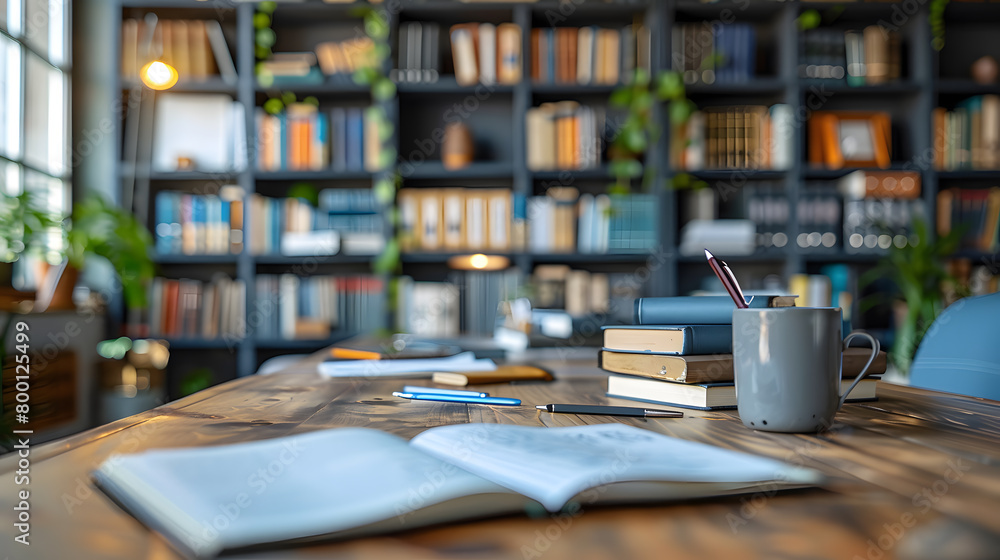 Cropped shot of the table with books, stationery and copy space in the blurred study room Cropped shot of the table with books, stationery and copy space in the blurred study room