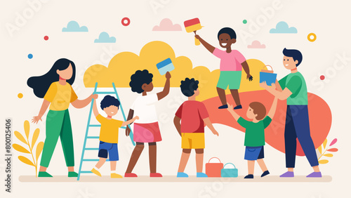 Children and adults painting a colorful mural on a blank wall representing the diversity and strength of the community on this special day.. Vector illustration