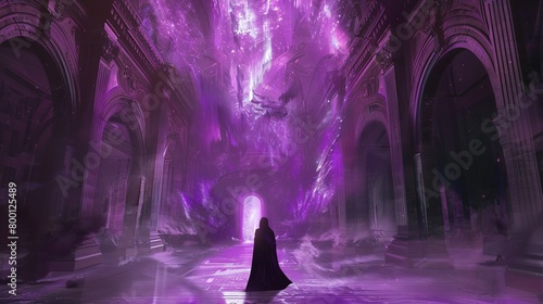 Fantasy Fusion' around a mystical sorcerer in a grand hall, a style mixing reality and fantasy, in dreamy violet and mysterious shadow black