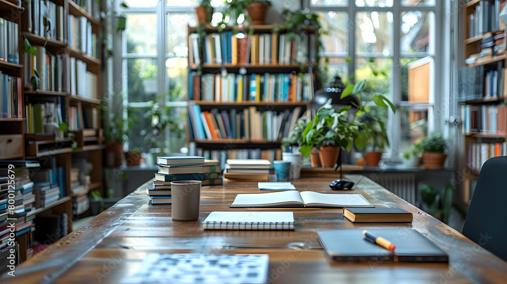 Cropped shot of the table with books, stationery and copy space in the blurred study room Cropped shot of the table with books, stationery and copy space in the blurred study room