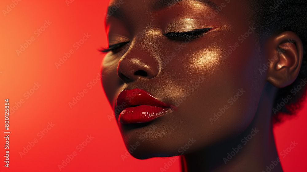 A close-up shot of a beautiful black model wearing velvety eyeshadows and creamy lipsticks against a plain, orange background. A close-up shot of a beautiful black model wearing velvety eyeshadows and creamy lipsticks against a plain, orange background.