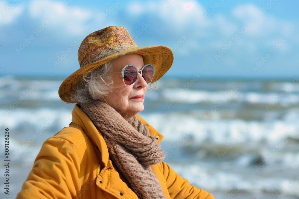 Beautiful elderly woman by the sea, relaxing on the beach. The concept of active old age. Support for the elderly. A happy pensioner