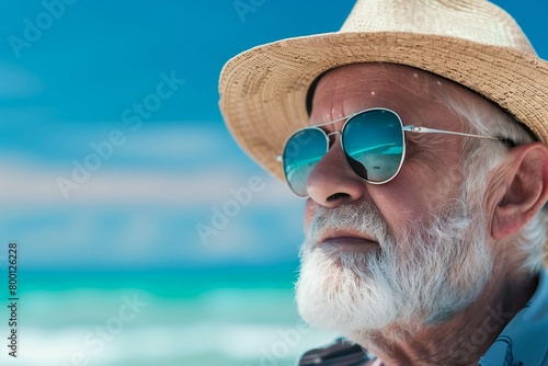 Beautiful elderly man by the sea, relaxing on the beach. The concept of active old age. Support for the elderly. A happy pensioner photo