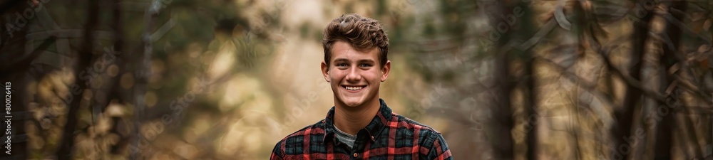 smiling young man wearing flannel shirt in a forest smiling young man wearing flannel shirt in a forest