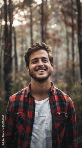 smiling young man wearing flannel shirt in a forest