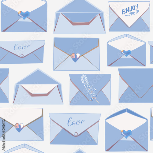 Vector pattern of pink and red postal envelopes. Valentine's mail. For printing on prints, designer blanks, T-shirts, wrapping paper, wallpaper