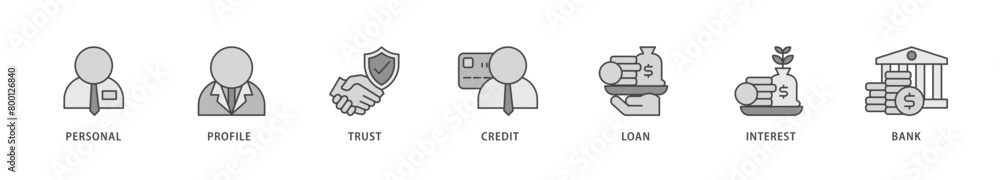 Microcredit icons set collection illustration of personal, profile, trust, credit, loan, interest and bank icon live stroke and easy to edit Microcredit icons set collection illustration of personal, profile, trust, credit, loan, interest and bank icon live stroke and easy to edit