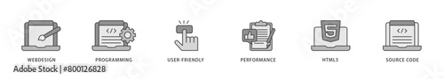 Mobile first icons set collection illustration of webdesign, programming, user friendly, performance, html5 and source code icon live stroke and easy to edit 