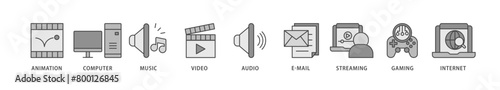 Multimedia icons set collection illustration of e mail, video, audio, internet, streaming, gaming, music, computer, animation icon live stroke and easy to edit 