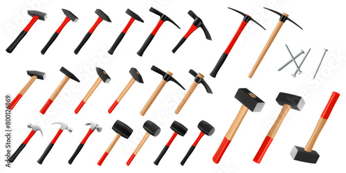 Set of hammers and pickaxe, sledge hammers, rubber mallets, steel nails, isolated on white. Working tool of carpenter, builder. Tools for hammering nails and breaking objects Realistic 3d vector