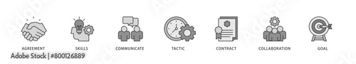 Negotiation icons set collection illustration of skills, communicate, tactic, contract, and goal icon live stroke and easy to edit 