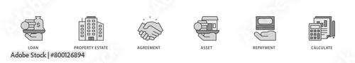 Mortgage icons set collection illustration of loan, property estate, agreement, asset, repayment and calculate icon live stroke and easy to edit 