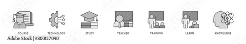 Online education icons set collection illustration of course, technology, study, teacher, training, learn and knowledge icon live stroke and easy to edit 