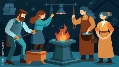 Tin lantern making Visitors can watch in awe as a craftsman hammers and shapes tin into a lantern a popular lighting source during colonial times.. Vector illustration