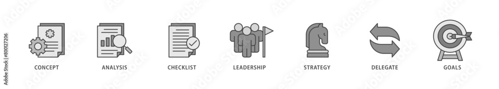 Planning icons set collection illustration of concept, analysis, checklist, leadership, strategy, delegate and goals icon live stroke and easy to edit Planning icons set collection illustration of concept, analysis, checklist, leadership, strategy, delegate and goals icon live stroke and easy to edit