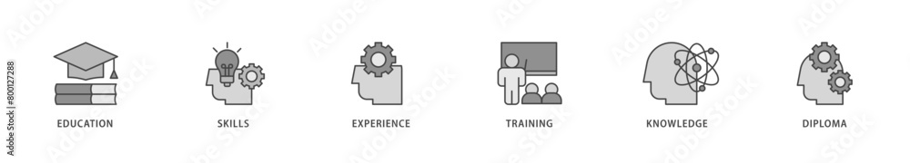 Qualification icons set collection illustration of education, skills, experience, training, knowledge, and diploma icon live stroke and easy to edit Qualification icons set collection illustration of education, skills, experience, training, knowledge, and diploma icon live stroke and easy to edit