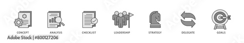 Planning icons set collection illustration of concept, analysis, checklist, leadership, strategy, delegate and goals icon live stroke and easy to edit 
