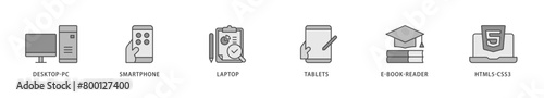 Responsive web design icons set collection illustration of tablets, html5 css3, e book reader, laptop, smart phone, desktop pc icon live stroke and easy to edit 