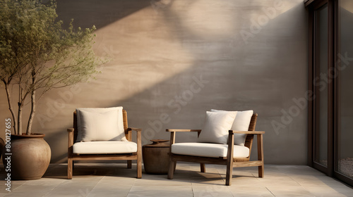 Half-opened lounge area with all natural materials made furniture  rattan chairs with greenery behind